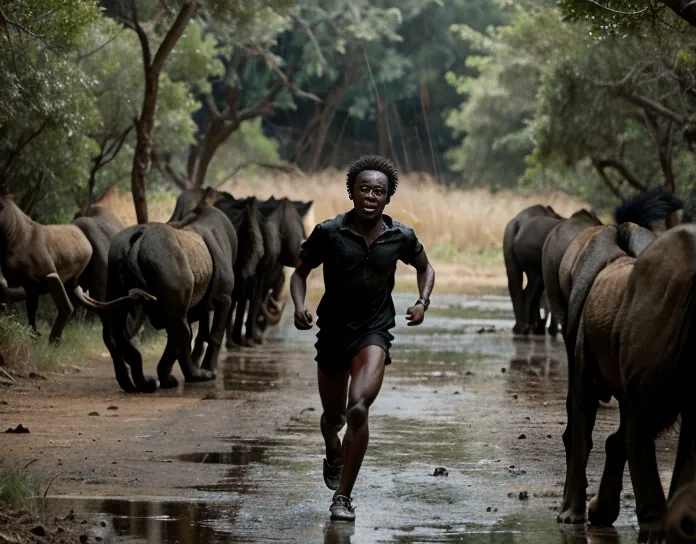 a black african child running in a midst forest surrounded with lions at the back, with horror surounding environments like ligh...