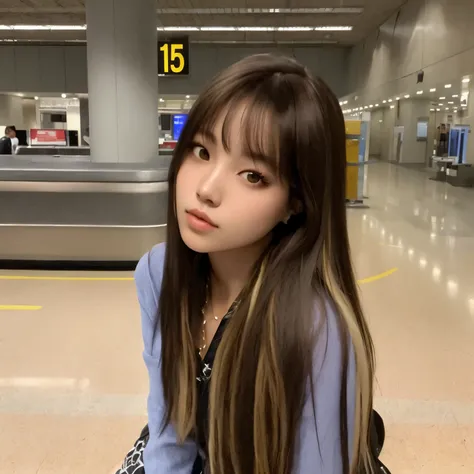 mulher arafada com cabelo comprido sentada em um carrossel de bagagens em um aeroporto, Lalisa Manobal, Ulzzang, cabelos longos com franja, com franja, cabelo comprido com franja completa, Lalisa Manoban do Blackpink, com franja completa, cabelo longo cast...