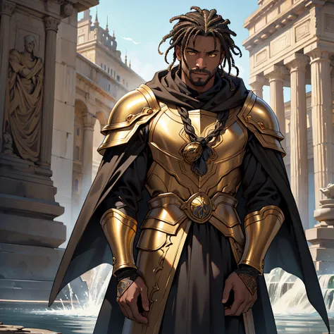 black middle aged man (Light Brown), yellow  eyes, Eye reflection, golden armor and black cloak, Anatomically accurate., Masterpiece, super detaill, High Quality, Best Quality, 8K, One Man&#39;​masterpiece,Background with:In front of an ancient Roman fount...