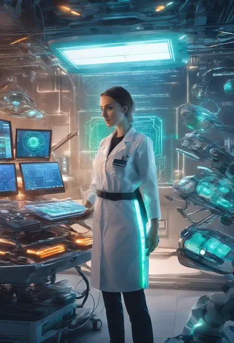 best quality,highres,(realistic,photorealistic:1.37),female scientist,working on device,hovering AI assistant,busy laboratory,advanced technology,modern equipment,innovative research,concentration,focused expression,intelligent assistant,assisting with cal...