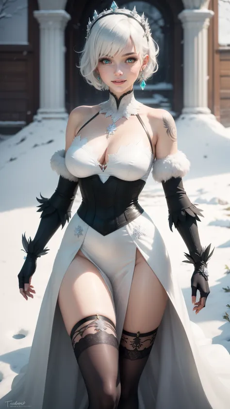 gwen tennyson,tracer,yshtola rhul,yorha 2b,rebecca chambers,frozen,nier automata,atelier ryza,close up,winter castle,tattoos,white plugsuit,white short sleeve metal top,silver embroidery long white crystal gown dress,lingerie,blue snowflake corset,short ha...