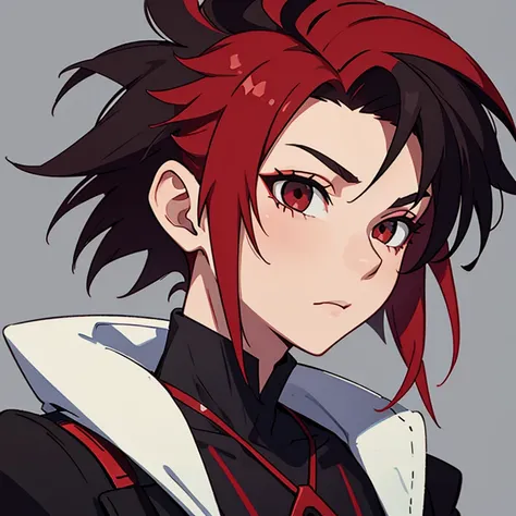 Androgynous person with a red and black mohawk hairstyle, bust