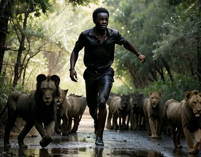 a black african child running in a midst forest surrounded with lions at the back, with horror surounding environments like ligh...