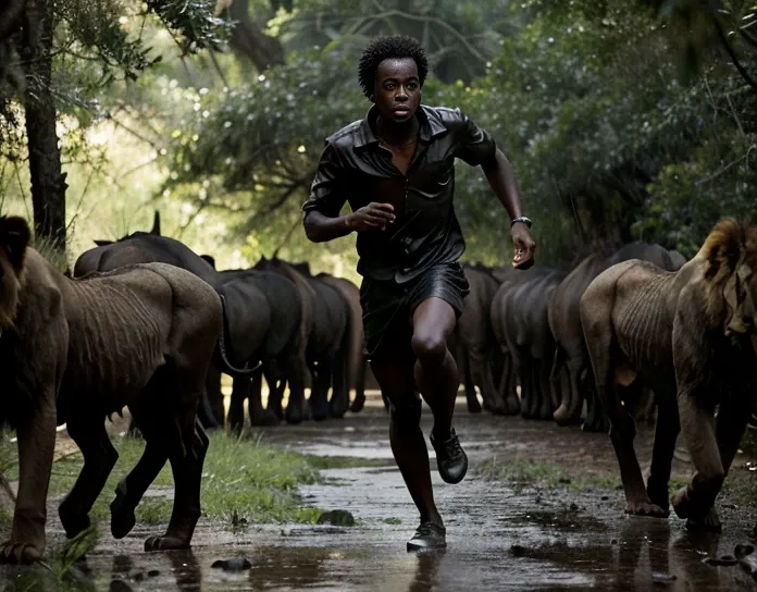 a black african child running in a midst forest surrounded with lions at the back, with horror surounding environments like ligh...