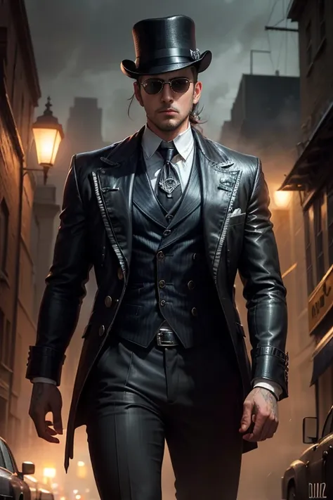 (( young brave man)), London detective , Sunglasses, cyberpunk art, funk art, Stunning gradient colors, Stylized portrait H 704, Pompadour, twitch streamer, cool colors. insanely detailed, t-800, NO WATERMARK, Rich color, overtaking,At night in Victorian L...