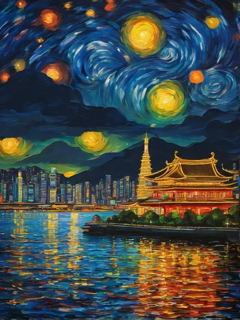 Van Gogh‘s painting style, Hong Kong Victoria Harbor night view, Star night, Color Field painting, Impressionism, chiaroscuro, vanishing point, wide shot, Ultra-Wide Angle, 8k, super detail, ccurate, best quality, masterpiece, best quality