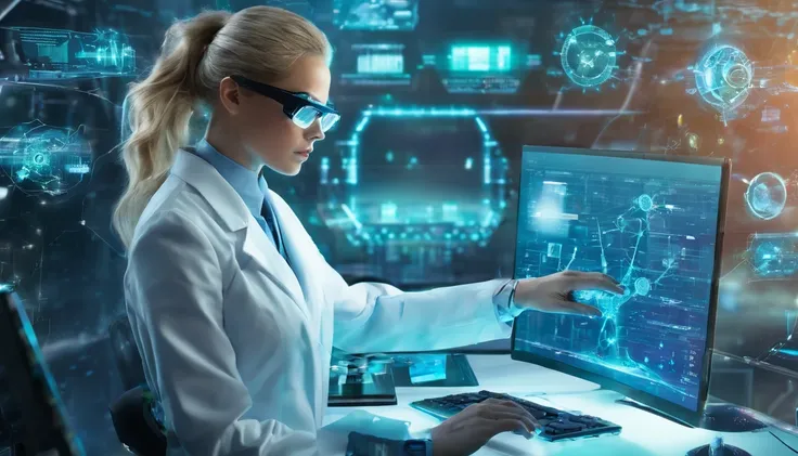 best quality,highres,(realistic,photorealistic:1.37),female blonde scientist,working on device,hovering AI assistant,busy laboratory,advanced technology,modern equipment,innovative research,concentration,focused expression,intelligent assistant,assisting w...