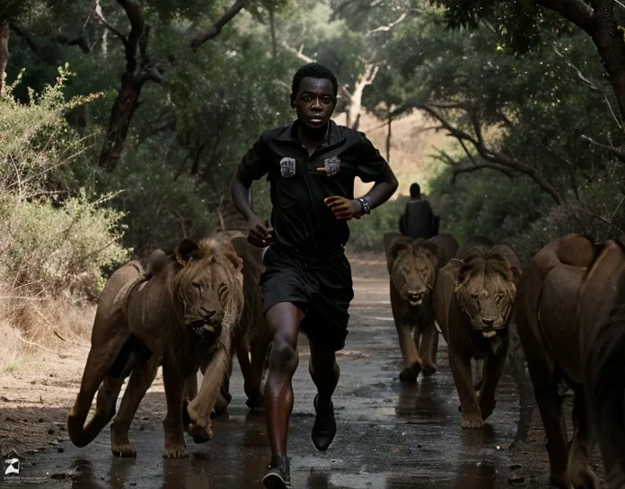 portrait photography,a black african child running in a midst forest surrounded with lions at the back, with horror surounding e...