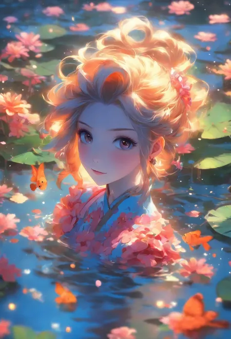 Anime girl holding a fish in a pond with flowers and butterflies, author：Hero, guweiz on pixiv artstation, Popular topics on artstation pixiv, Artgerm and Atey Ghailan, guweiz on artstation pixiv, Cute and detailed digital art, Artie Guéland 8K, Pixiv Cont...