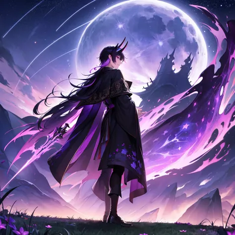 A boy-man with purple-black hairs and having two twisted horns on hes head with violet eyes wearing a historical European style set of noble clothes looking at the purple-black-blue sky filled with vibrant stars and beautiful moon in the back,side profile,...