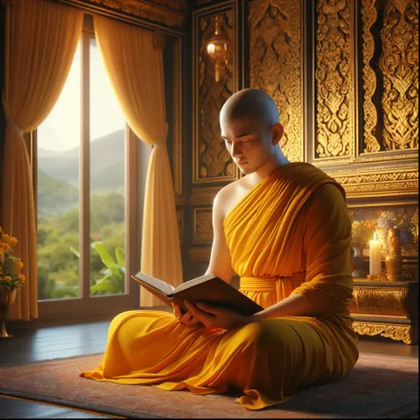 arafed monk reading a book in a room with a window, buddhist monk meditating, monk meditate, buddhist monk, portrait of monk, bu...