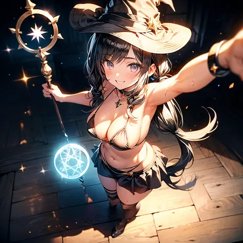 (8k, ​​masterpiece, Best Quality, ultra-detailliert, Professional lighting), 16yo 1girl, (Beautiful girl: 1.3), tareme, droopy eyes, large breasts, plump, black bikini, witch hat, cloak, ring with gems, high-heels, knee sox, purple long hair, twintails, vo...