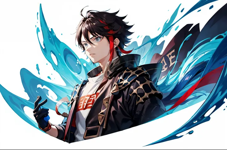 man in a black jacket with a sword and blue and red background, keqing from genshin impact, genshin impact character, handsome g...