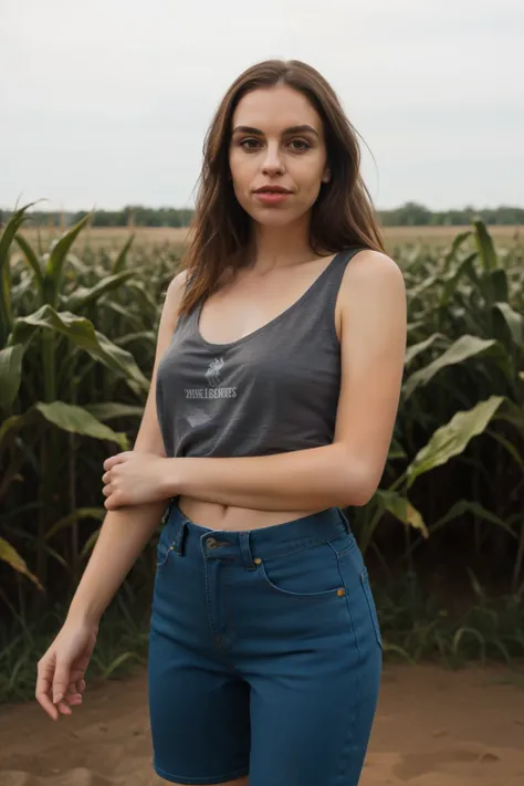 A stunning intricate full color portrait of a woman,wearing cutoff shorts, deep v T-shirt, having fun, epic character composition ,sharp focus, natural lighting, subsurface scattering, f2, 35mm, film grain, corn field in background, ((wide mouth)) and full...