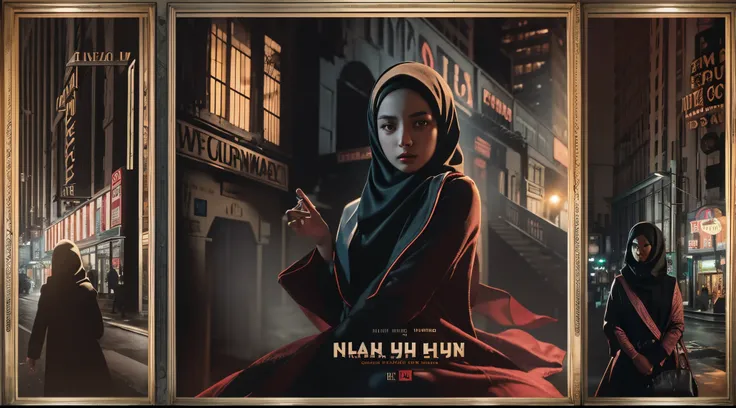 Design a dramatic movie poster inspired by classic film noir. Place the Malay girl in hijab in a dimly lit urban setting, capturing the essence of mystery and intrigue. Utilize shadows and noir-style lighting to enhance the atmosphere.