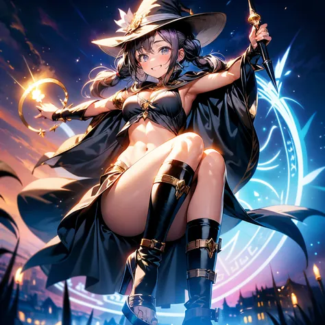 (8k, ​​masterpiece, Best Quality, ultra-detailliert, Professional lighting), 16yo 1girl, (Beautiful girl: 1.3), tareme, droopy eyes, large breasts, plump, black bikini, witch hat, cloak, ring with gems, high-heels, knee sox, purple long hair, twintails, vo...