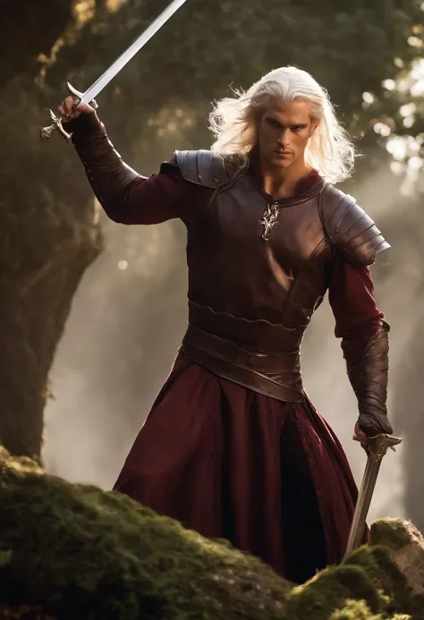 Aemond Targaryen engaging in a fierce sword fight with a fellow warrior, Vhagar majestically looming in the background.,Fire and Blood,Physically, Aemond possess the classic Targaryen features, with long platinum silver hair and a piercing purple eye. His ...