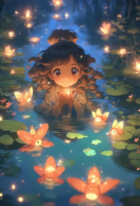 Anime girl holding a fish in a pond with flowers and butterflies, with curly brown hair，long whitr hair，the night，ln the forest，Fireflies floating in the air，happy laughing，is shy，Cute and detailed digital art, 8K,