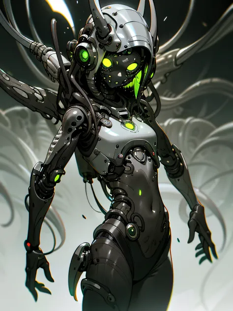 ((beautiful biopunk girl)), dark gray skin, cone helmet, green glowing eyes, many arms, glossy skin, open belly, short clothes, sharp clothing, dark gray tentacles, gloomy cold lighting, grey desert, grey wasteland, lots of grey sand, (scorn videogame styl...