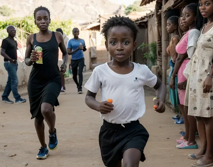 draw a child of 2 years old is running holding a bottle of awine ( written geness) on his hand, at the back his mother is coming...