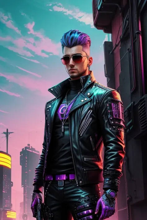 Young handsome courageous man  ,sunglasses, Cyberpunk art, funk art, Stunning gradient colors, Stylized portrait H 704, Pompadour, Twitch streamer, cool colors. insanely detailed, t-800, NO WATERMARK, Rich color, overtaking