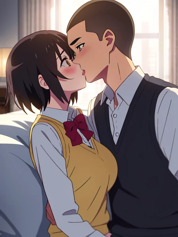 1 boy with buzzcut hair is behind 1 girl breast grope from behind, shinkai makoto, kimi no na wa., 1boy, Katsuhiko Teshigawara, buzzcut, 1girl, mitsuha miyamizu, black hair, ponytial, blush, brown eyes, collared shirt, red bow, red bow, red ribbon, Ribbon,...