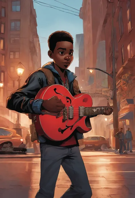 An image of Miles playing the electric guitar on a street corner, with a small crowd gathering around to listen.,Marvel Comics,Miles Morales, the dynamic character from the “Spider-Man” universe, is a young, black athletic teenager with a lean build, often...