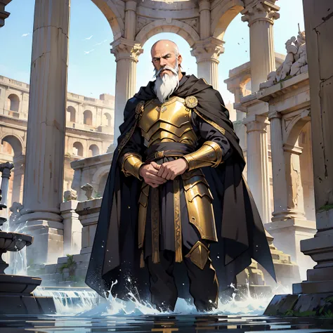 ​masterpiece, Best Quality, 4k, Background with:in front of ancient rome fountain, very skinny bald old man with long beard, gold armor, Sharp impression,