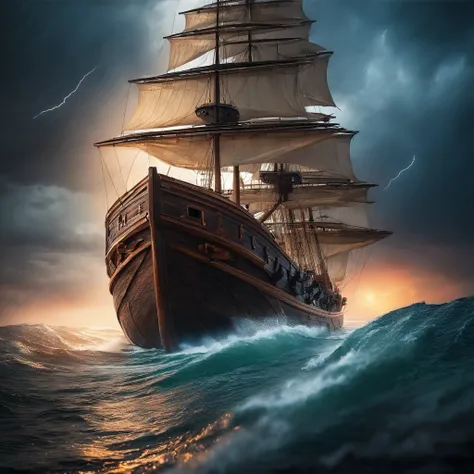 A wooden ship in the middle of the sea, thunderstorms and heavy rain, and the sky flashing with lightning and lightning