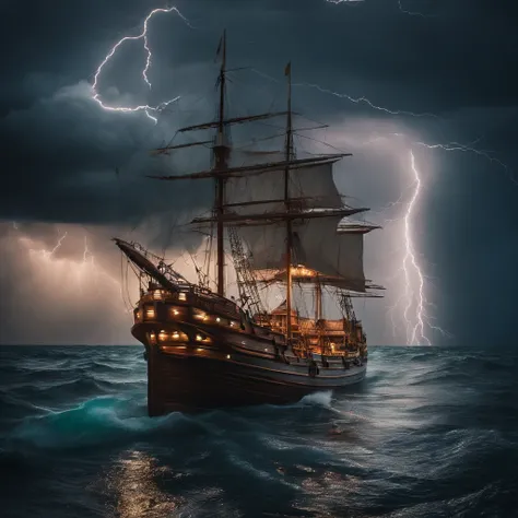 A wooden ship in the middle of the sea, thunderstorms and heavy rain, and the sky flashing with lightning and lightning