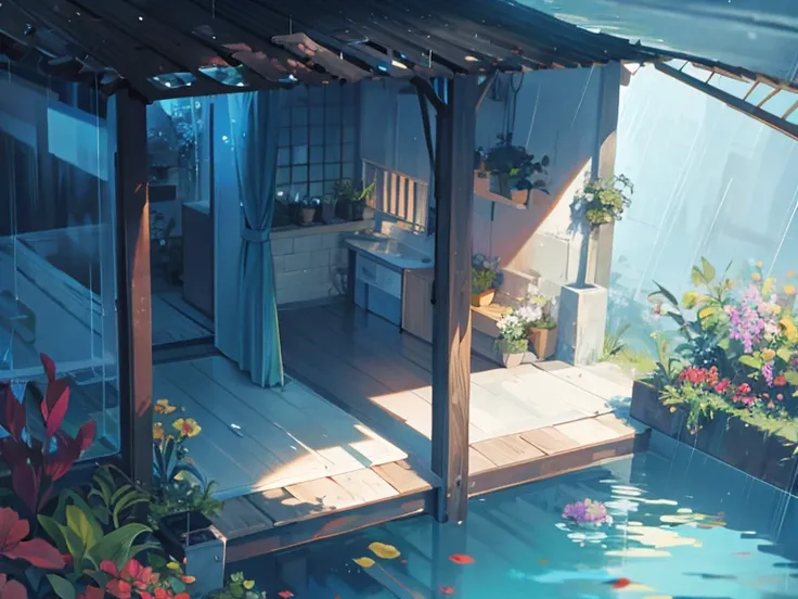 raining garden house, under water