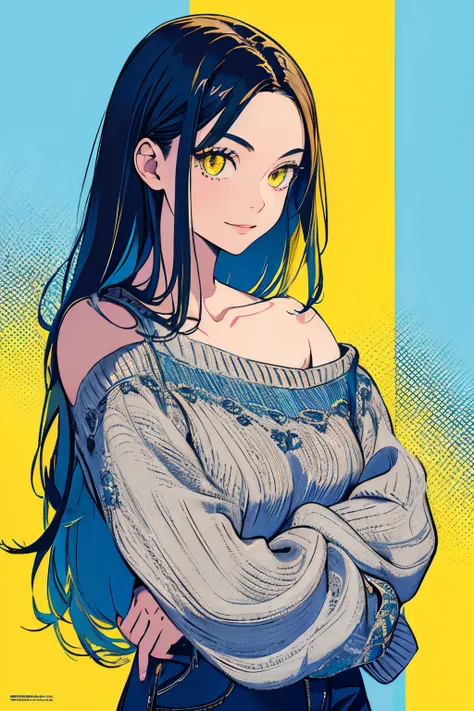 (masterpiece, top quality, best quality, official art, beautiful and aesthetic:1.2),
cateyes,1girl, solo, long hair, sweater, smile, yellow eyes, looking at viewer, blue hair, grey background, off shoulder, upper body, bare shoulders,
extreme detailed,high...