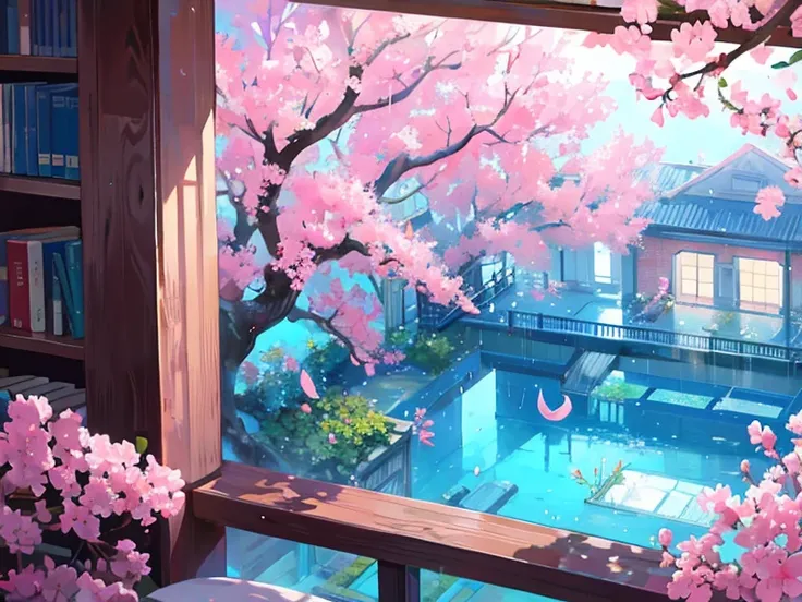 raining garden house, water bubbles, sakura tree, underwater, library