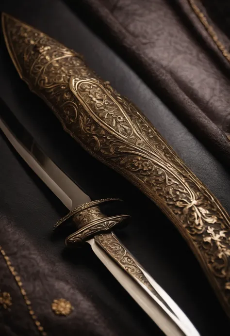 A close-up shot of an antique dagger, with intricate engravings and a glint of menace in its blade.,Life is my canvas,Mark is a tall man with short brown hair, glasses, a short beard, wearing a black suit jacket