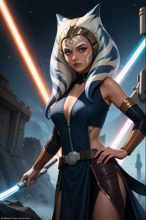 (ultra-detailed,highest resolution,masterpiece:1.2),vividly colored Ahsoka Tano in the Star Wars universe, with her striking blue and white patterned montrals and lekku. Radiant and determined expression on her face as she wields her dual white lightsabers...