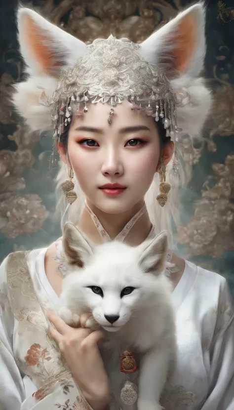 Chinese traditional culture, 1 girl, white fox, fox fairy, characteristic, exquisite and beautiful facial features, wearing a white lion head, dancing with her hands, festive