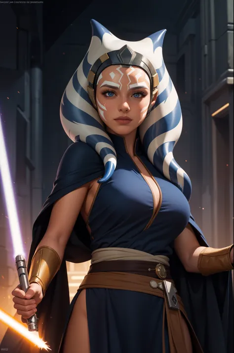 (ultra-detailed,highest resolution,masterpiece:1.2),vividly colored Ahsoka Tano in the Star Wars universe, with her striking blue and white patterned montrals and lekku. Radiant and determined expression on her face as she wields her dual white lightsabers...