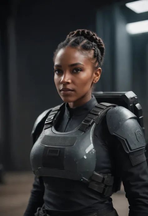 A beautiful black female military specialist with a braided bun dressed in tactical gear erecting a powerful Shield, With futuristic technology, to protect her team from an electrical lightning attack, Dynamic lighting intricate details Unreal Engine 5 kod...