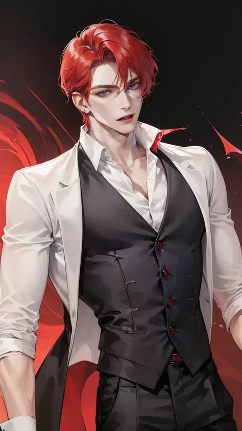 Masterpiece, best quality, ((1man)), vampire, mature man, masculine face, attractive, pale skintone, bright red short hair, blue eyes, closed mouth, white open shirt, black pants, earrings, old castle, sunset, absurdres, intricate details, medium long shot