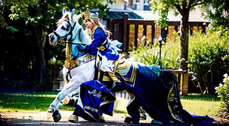 BLONDE PRINCESS WITH PERFECT AND BEAUTIFUL GOLDEN EYES WITH DIAMOND CROWN IN A BLUE DRESS WITH GOLD, ON TOP OF HER WHITE HORSE WITH GOLDEN PAWS RUNNING IN THE ENCHANTED VALLEY WITH BIRDS AND VARIOUS ANIMALS.