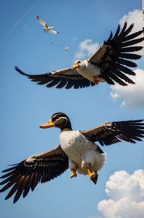 Duck feathers fly in the sky