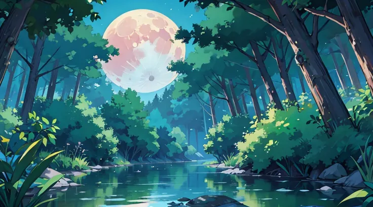 fantastic night forest, moon, clear water