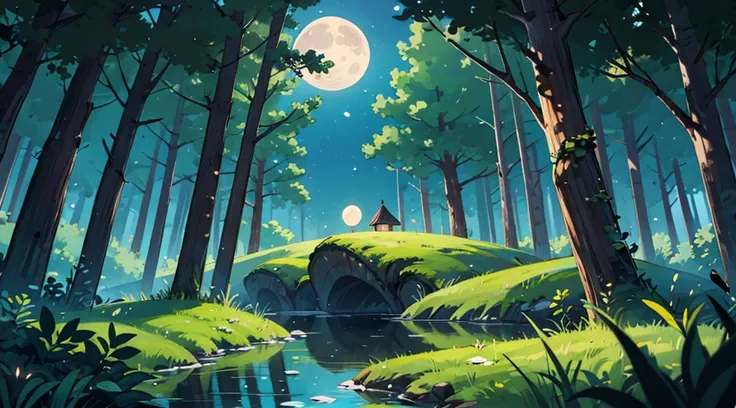 fantastic night forest, moon, clear water