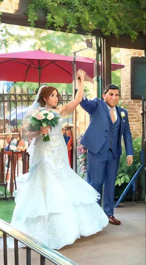 ((masterpiece)), best quality, bride in white dress and groom in blue suit, surrounded by blue, maroon, and peach roses, Disney Pixar style.