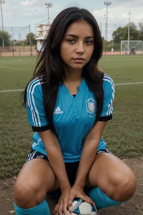 mujer de cabello negro, piel morena clara, ojos color miel, nacionalidad guatemalateca con rasgos hermosos en su rostro, sitting on a soccer field in a small town