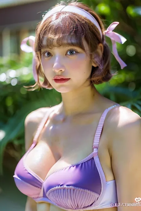 (((Photorealistic))), ((Realistic)),(de pele branca), (((full bodyesbian))),Short hair ,swim wears,Colossal tits,Valley,Pink hair ornament,Pink teak,purple ribbons on ears,Clear eyes,Valley