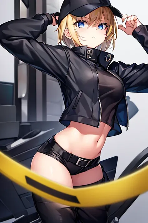 1girl, gakuran, black clothes, blonde hair, small breasts, black pants, pants, surgical mask, hat, baseball cap, short hair, blue eyes, covered mouth, belt