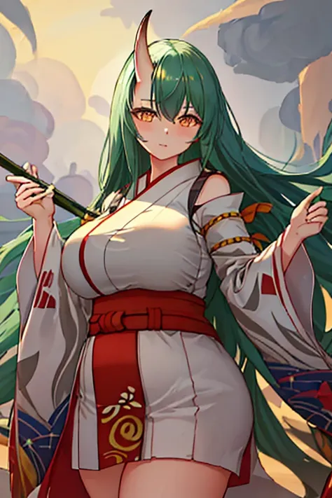 best quality, masterpiece, highres, solo, {yukata:1.40}, {kimono:1.20}, {hoshiguma_arknights:1.15}, green_hair, horns, single_ho...