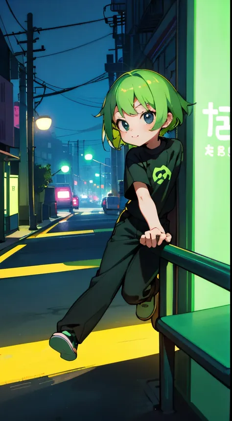 (​masterpiece、Premium Quality:1.2), cute mischievous child, Green shorthair, Black eyes, Neon Street at Night, With logo