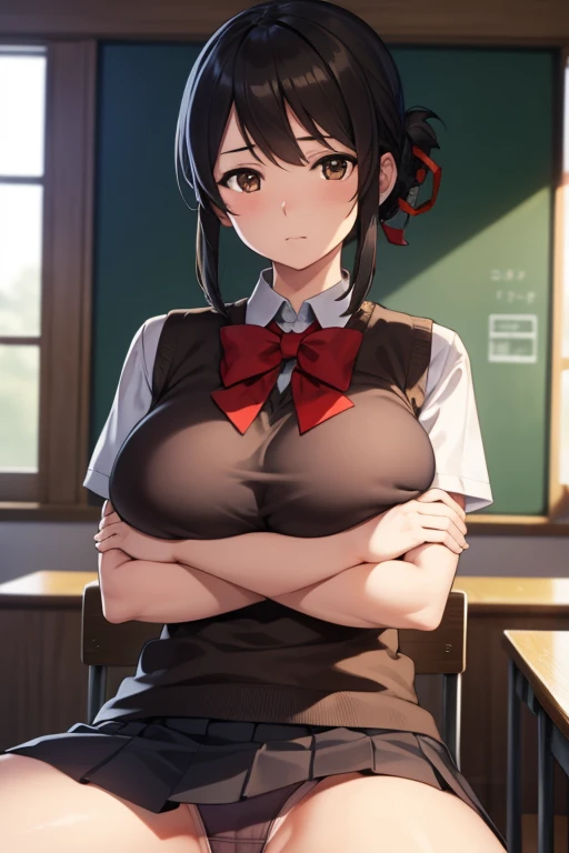 mitsuhamiyamizu, mitsuha miyamizu, black hair, (brown eyes:1.5), hair ribbon, (huge breast:1.2),
BREAK bow, bowtie, kneehighs, pleated skirt, red bow, red bowtie, school uniform, skirt, sweater vest, brown vest,
BREAK looking at viewer, (crossed arms:1.5, ...